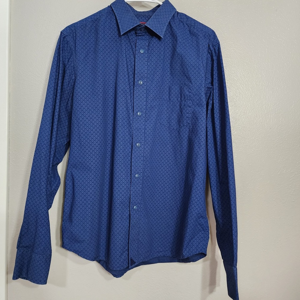 Untuckit Men's Medium Blue Button Down Cotton Casual‎ Shirt Geometric Print